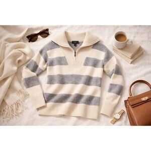 100% Cashmere Quarter Zip Sweater Striped Neutral Coastal Preppy Minimalist